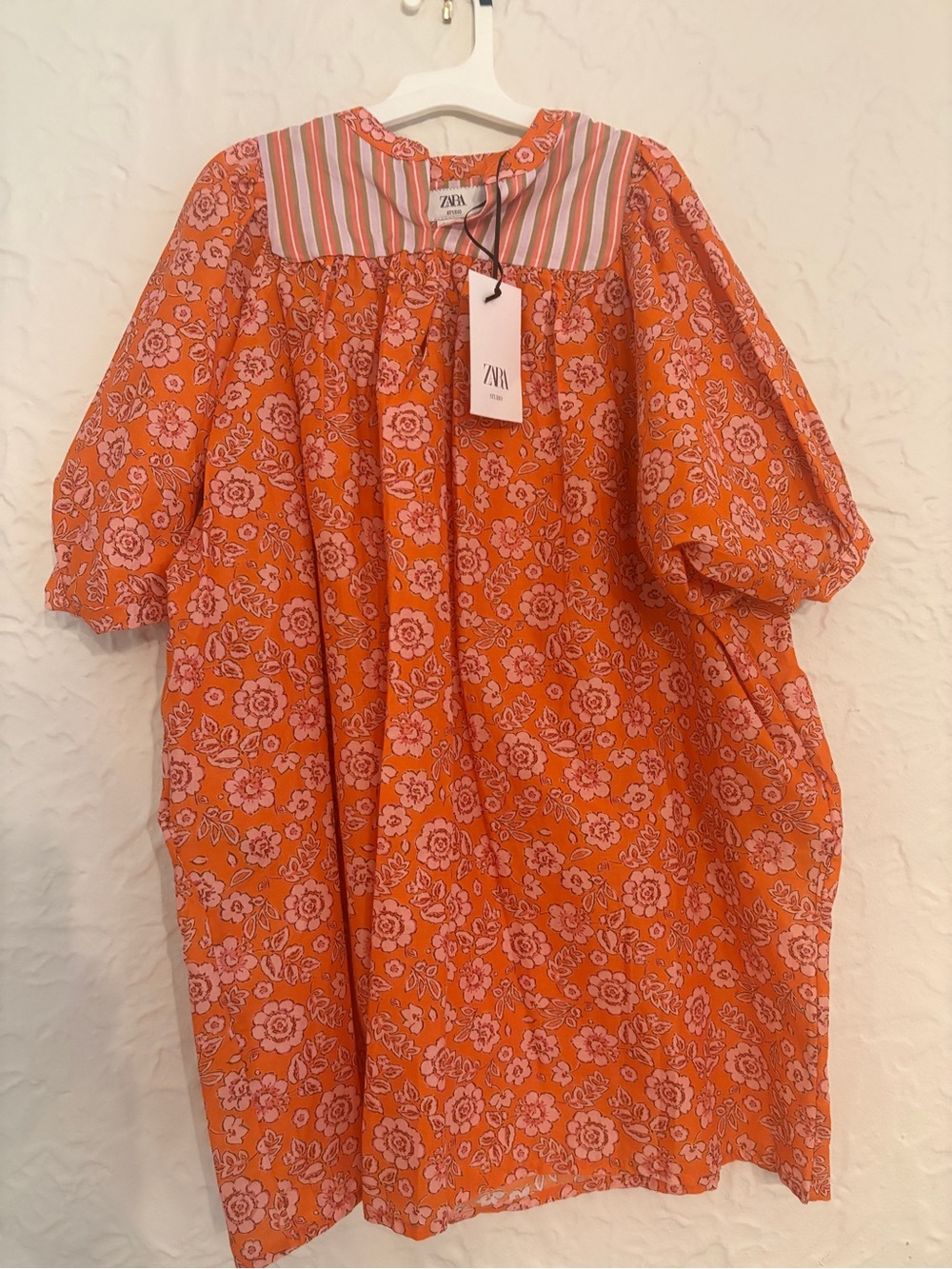 ZARA Orange Floral Dress with Striped Yoke Detail, size 6/7